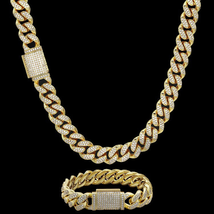 12mm 18Kt Gold IP Miami Cuban Chain Bracelet with CNC Precision Set Full  Clear Cubic Zirconia