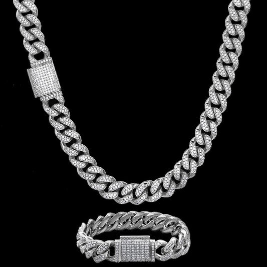 12MM Diamond Miami Cuban Chain + Bracelet - White Gold