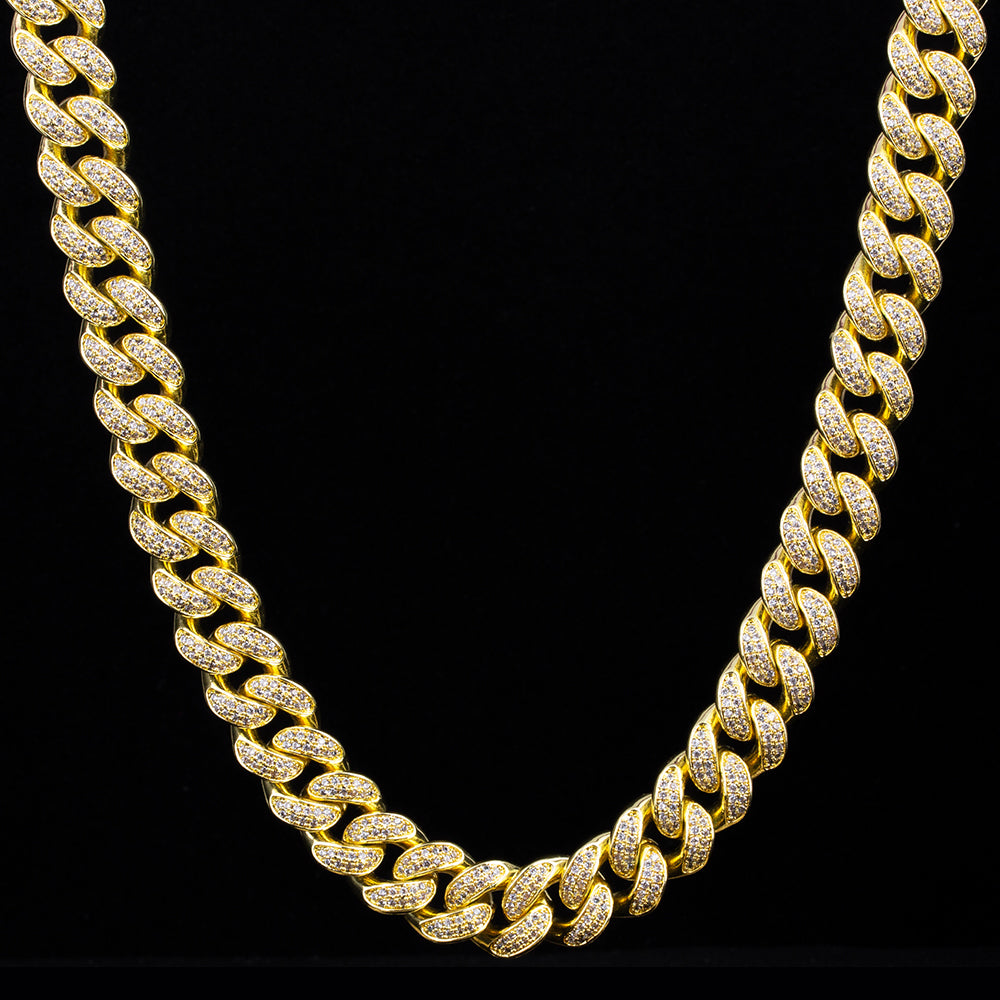12MM Diamond Miami Cuban Chain - Yellow Gold