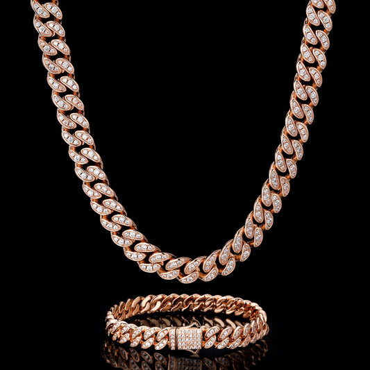 8mm Diamond Miami Cuban Chain + Bracelet - Rose Gold