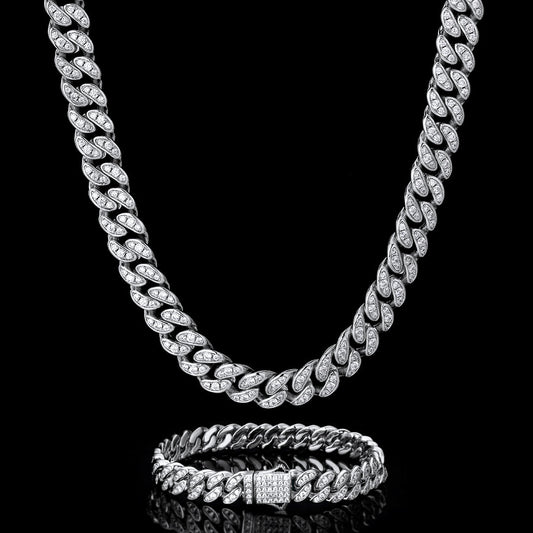 8MM Diamond Miami Cuban Chain + Bracelet - White Gold