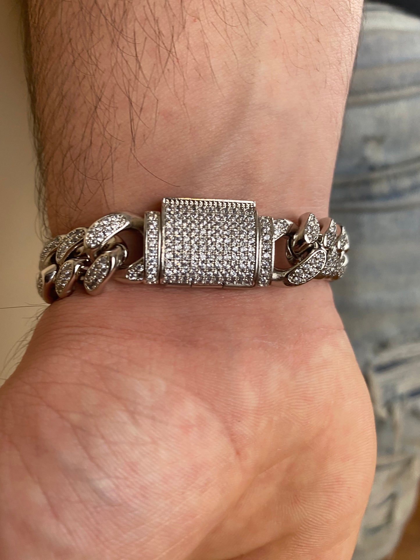 12mm Diamond Cuban Bracelet 14k White Gold Vermeil