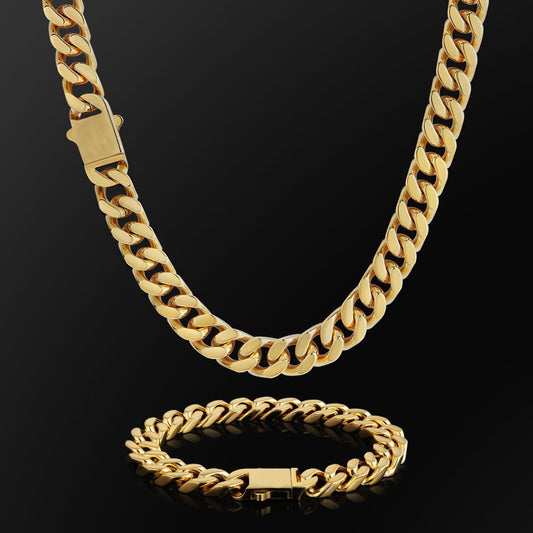 12MM Miami Cuban Chain + Bracelet - Yellow Gold