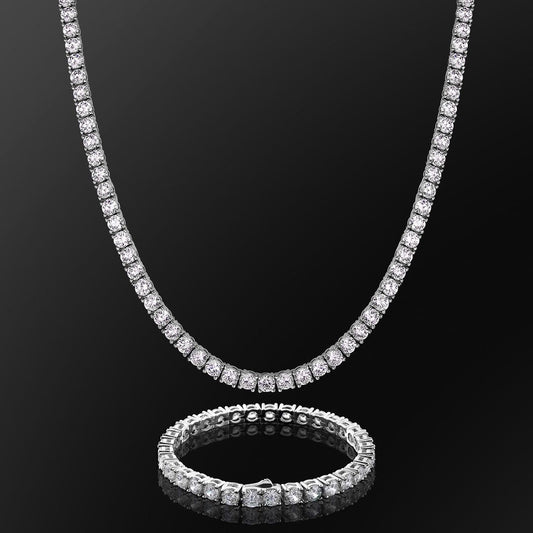 5MM Round Cut Tennis Chain + Bracelet - White Gold