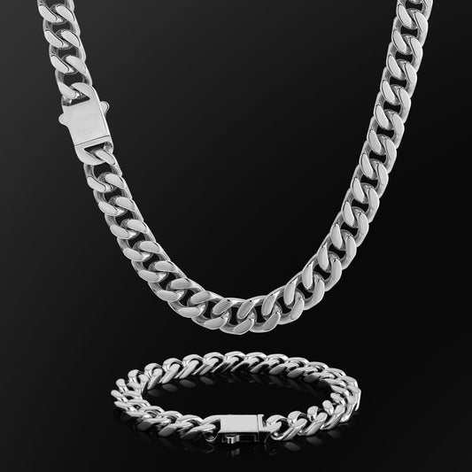 12MM Miami Cuban Chain + Bracelet - White Gold